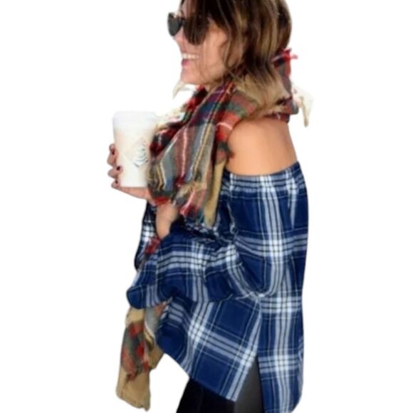 CLOTH & STONE Women's Long Bell Sleeve Off Shoulder Homestead Blue Plaid Blouse - Picture 6 of 16